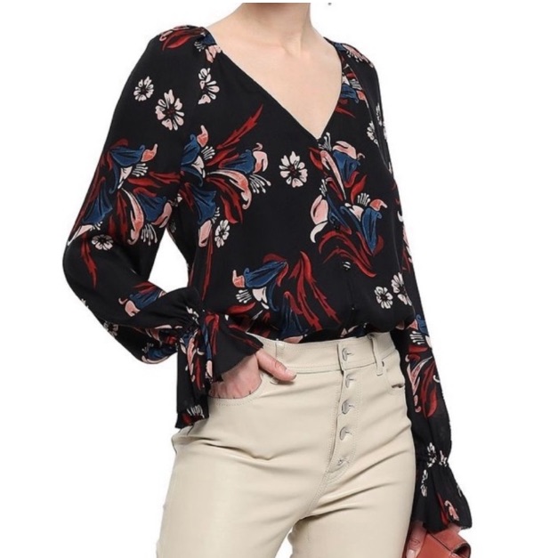 $298. Joie Boyana Bell Sleeves Nwot Floral Silk Blouse Xxs